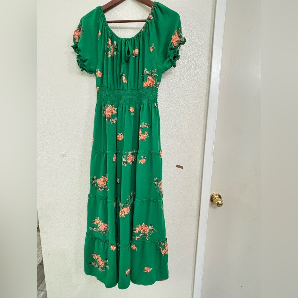 Anthropologie Kindred Green Floral Embroidered Smocked Tiered Cottagecore Maxi - Picture 2 of 11